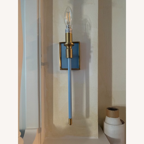 Used 2 Ballard Designs Bowie Blue Sconces with Custom Shades for sale on AptDeco