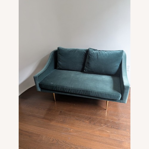 Used Teal Velvet Loveseat with Brass Pin Legs for sale on AptDeco