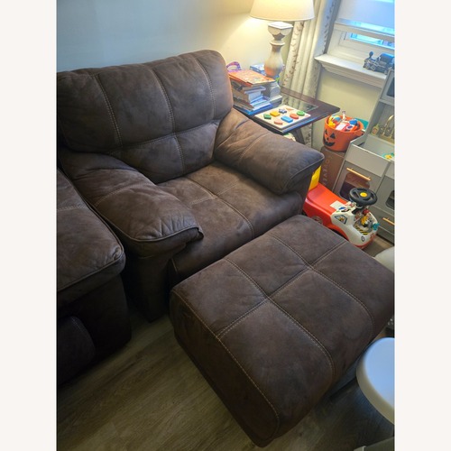 Used Raymour & Flanigan Dark Brown Microsuede Chair and Ottomans for sale on AptDeco