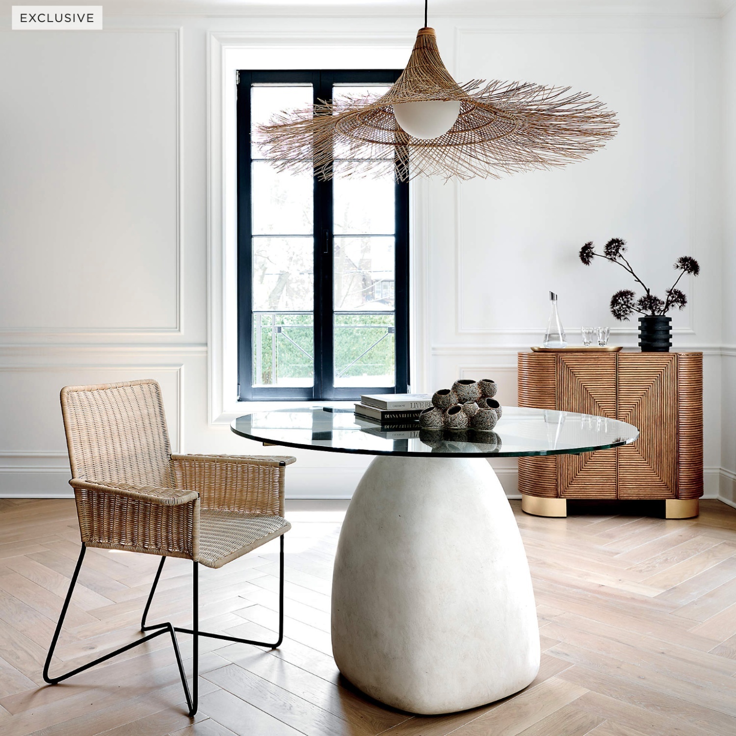 CB2 Stone 47" Round White Concrete Dining Table with Glass Top - image-4