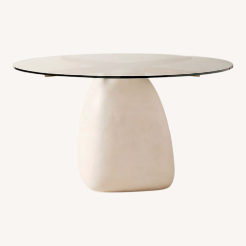 Used CB2 Stone 47" Round White Concrete Dining Table with Glass Top for sale on AptDeco