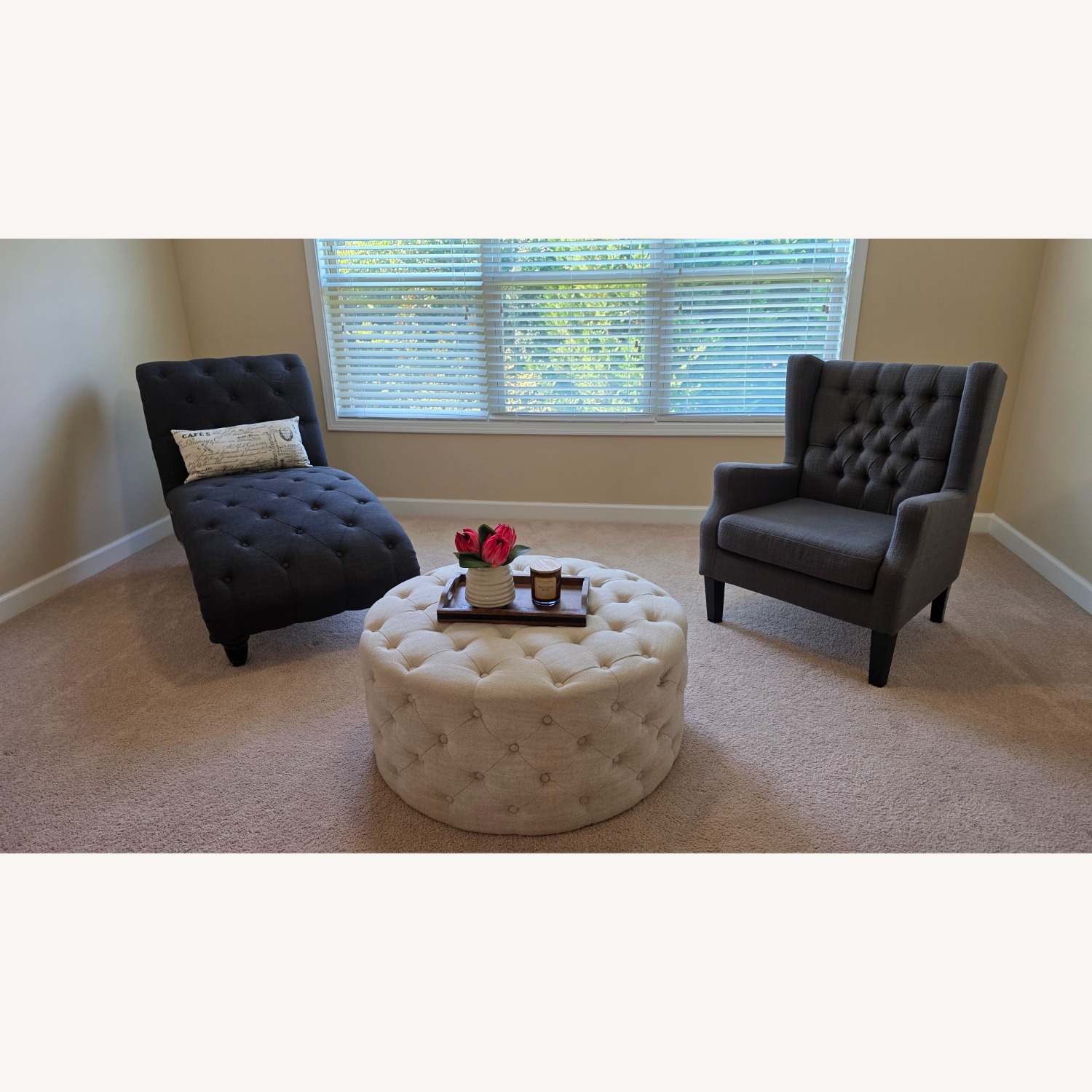 Tufted Fabric Round Ottoman - image-2