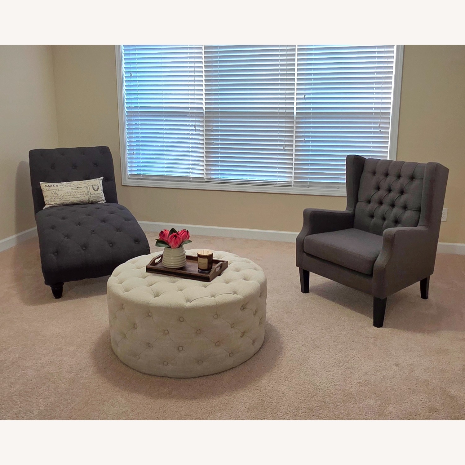 Tufted Fabric Round Ottoman - image-3