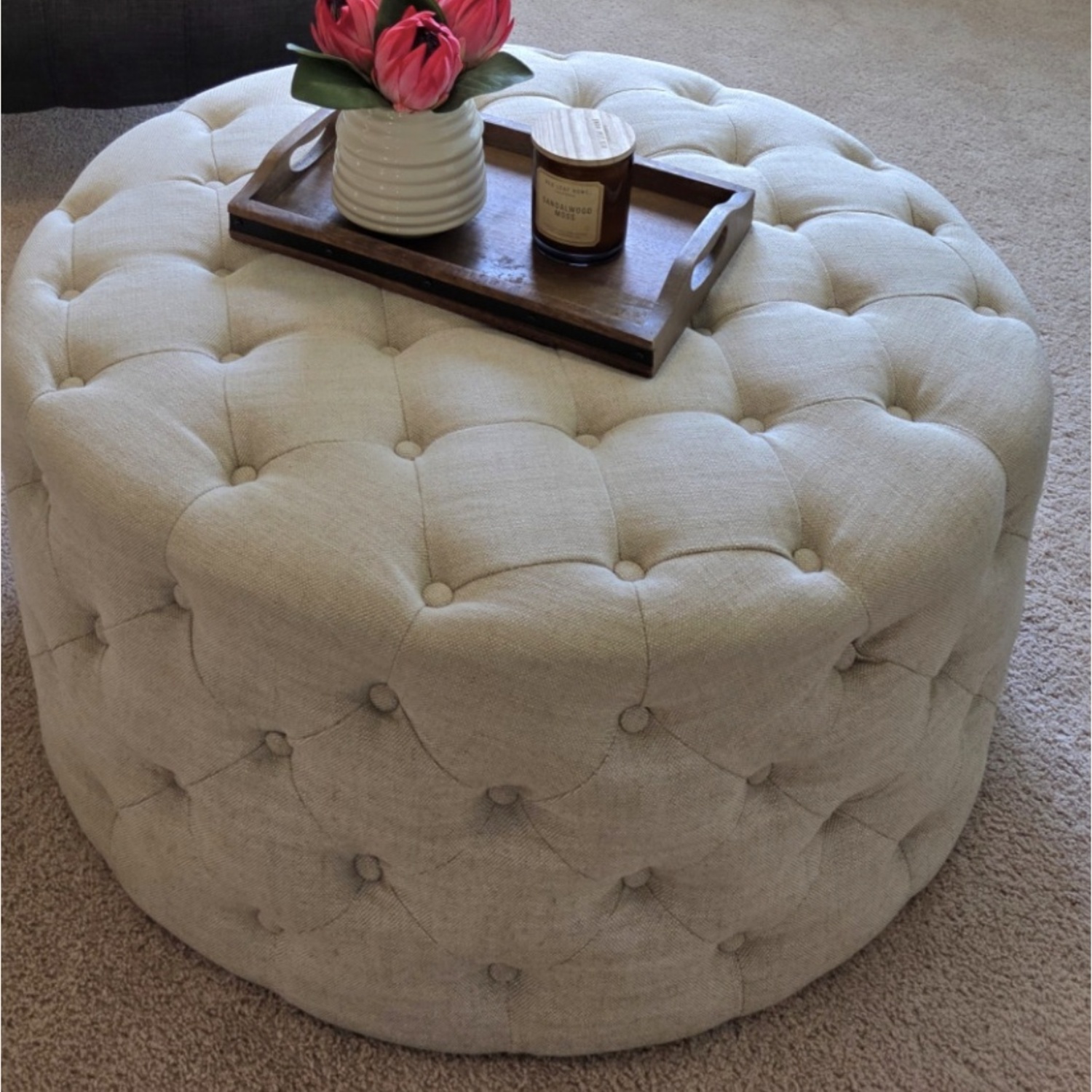 Tufted Fabric Round Ottoman - image-4