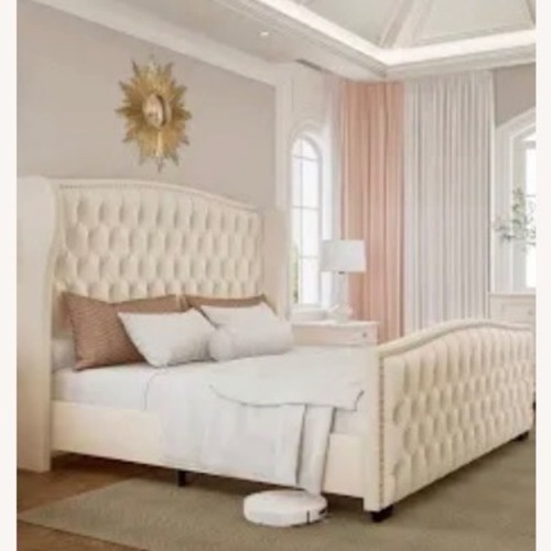 Used Cream Queen Bed With Wingback Headboard for sale on AptDeco