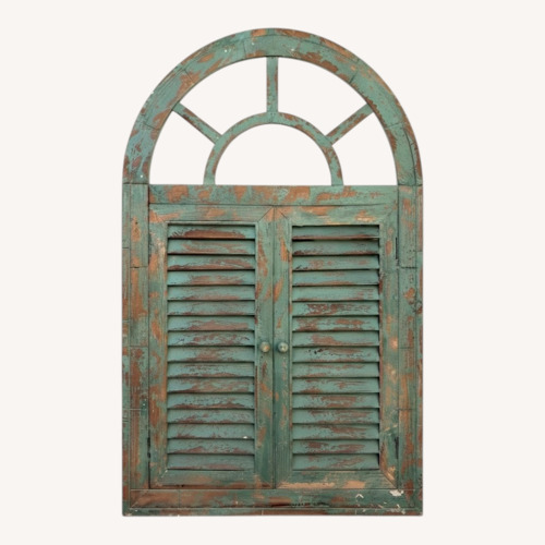 Used Distressed Teal Arched Window Shutter Wall Decor for sale on AptDeco