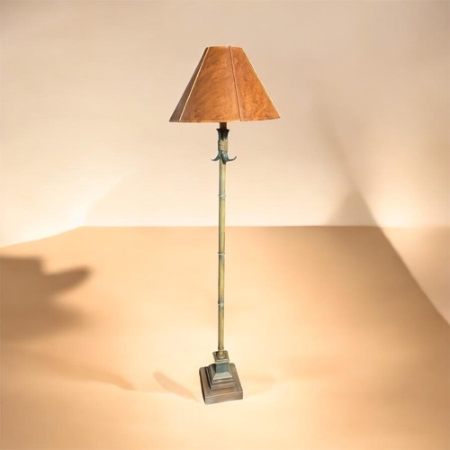 Used Bamboo-Style Floor Lamp with a Leather Like Shade for sale on AptDeco
