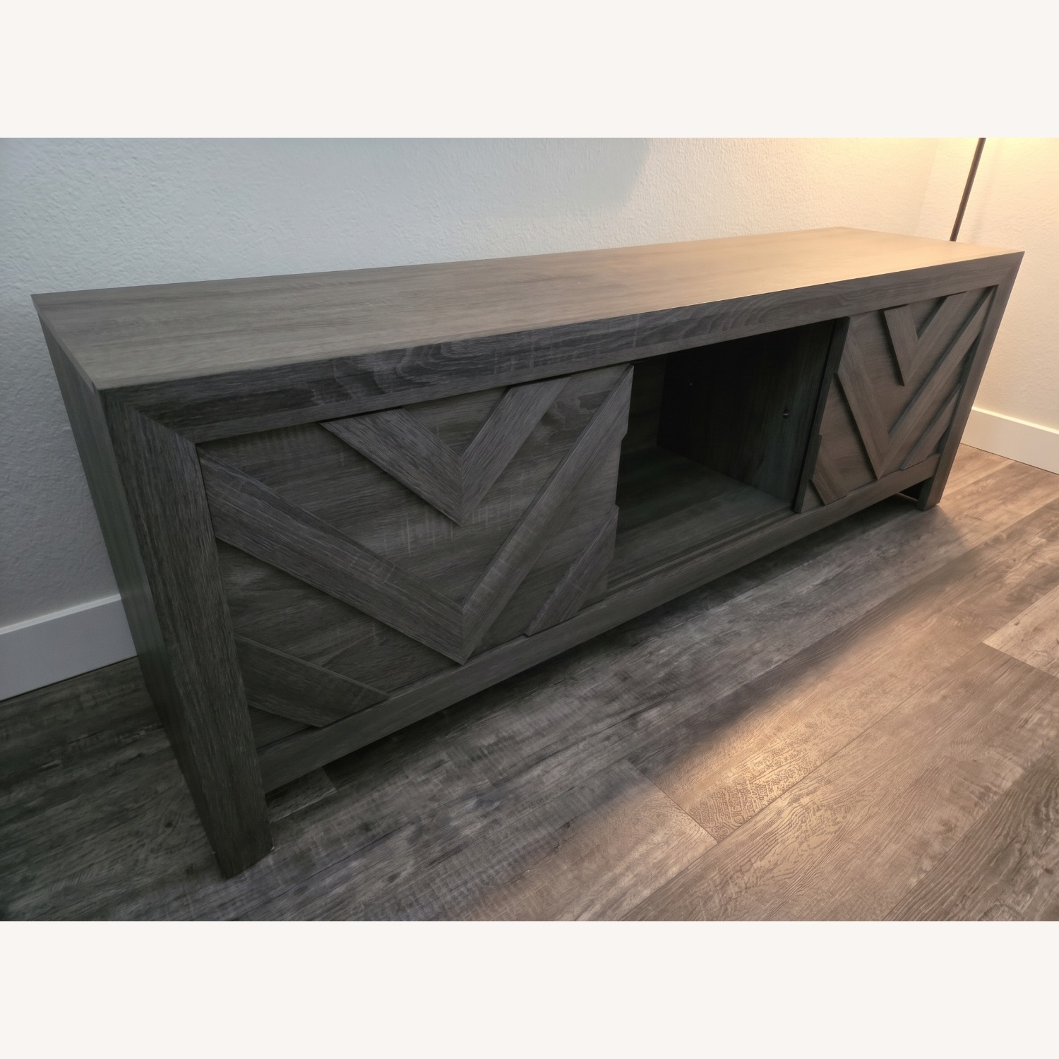 Baylor Grey 71” Modern Chevron Wood TV Stand - image-3