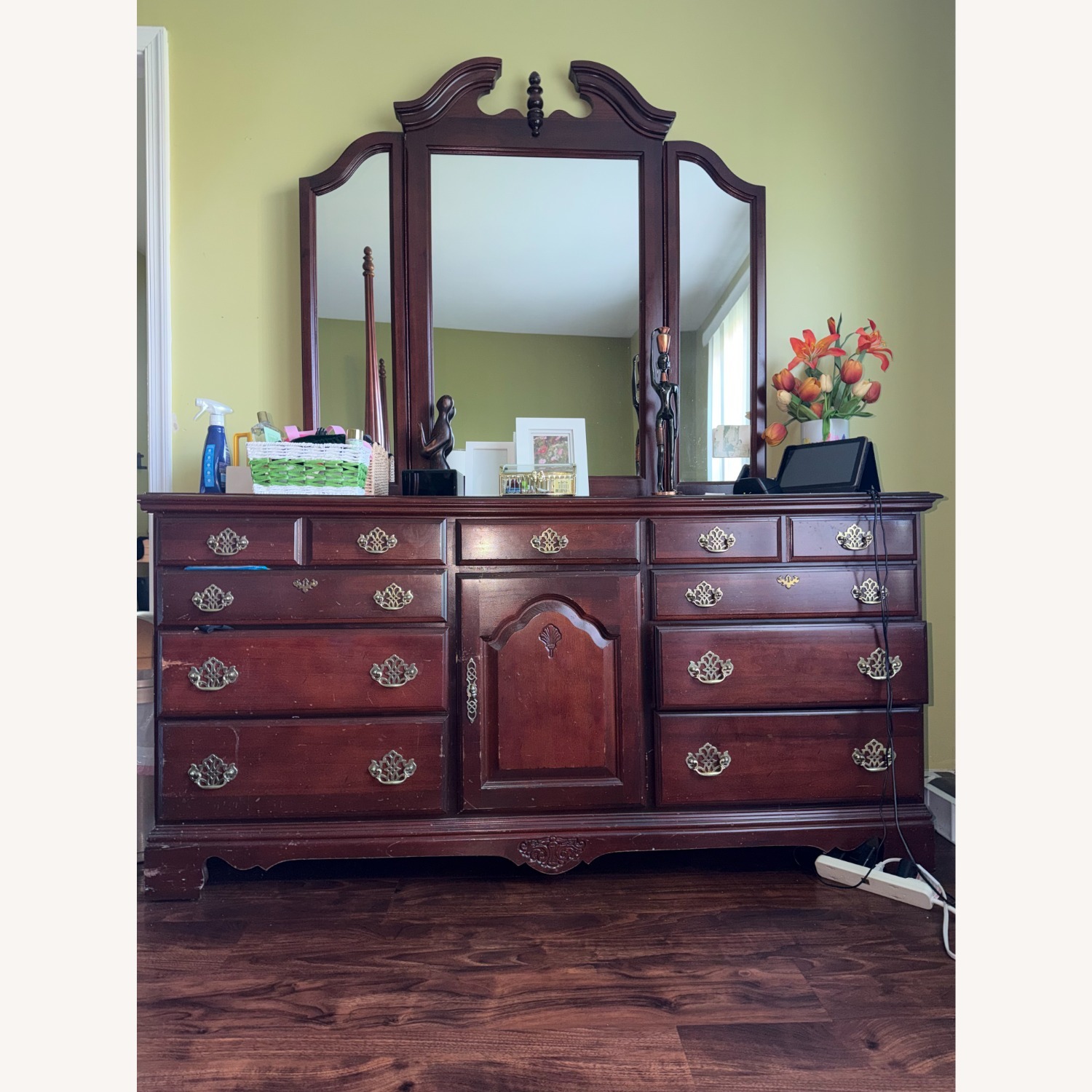 Vintage Wooden Dresser with Triple Mirror - image-2