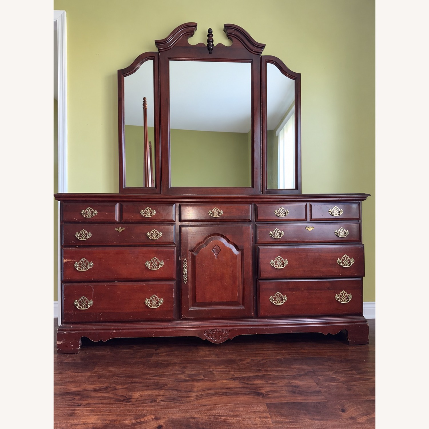 Vintage Wooden Dresser with Triple Mirror - image-1