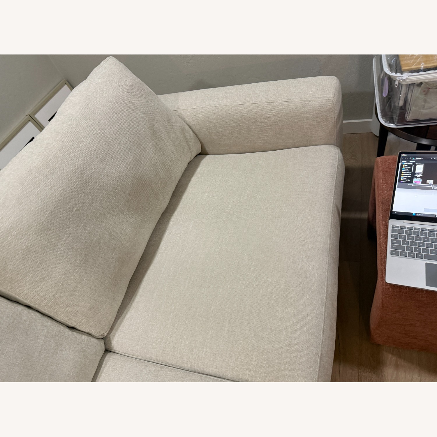 Living Spaces Couch Beige Fabric 86" - image-1