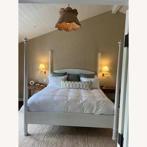 Used Mecox White Four-Poster Canopy King Bed  for sale on AptDeco