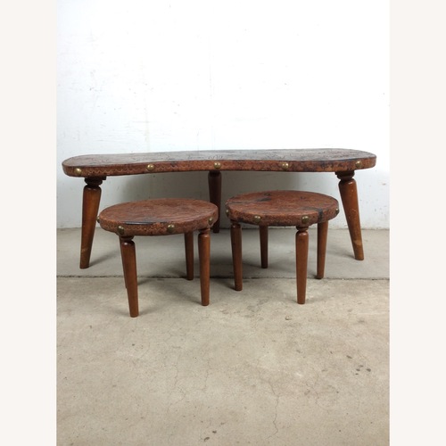 Used MCM Embossed Leather & Teak Table with Stools for sale on AptDeco