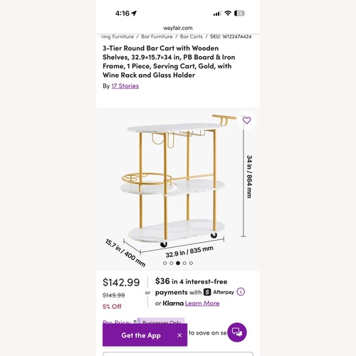 Used Wayfair 3-Tier Round Bar Cart with Wooden Shelves for sale on AptDeco