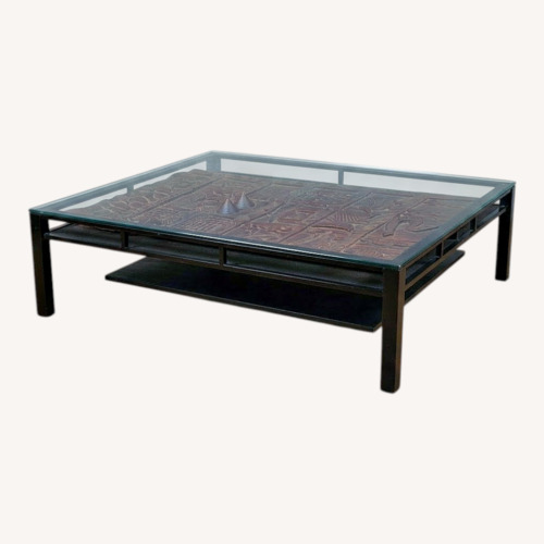 Used African Art Wood Glass Metal Coffee Table for sale on AptDeco