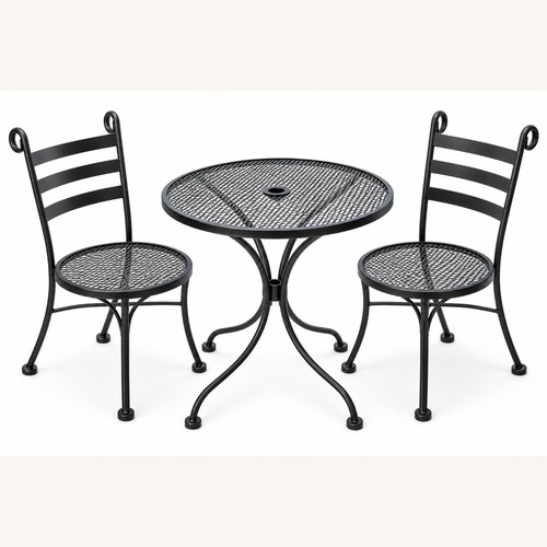 Used Black Wrought Iron Outdoor Bistro Set – 3 Pieces for sale on AptDeco