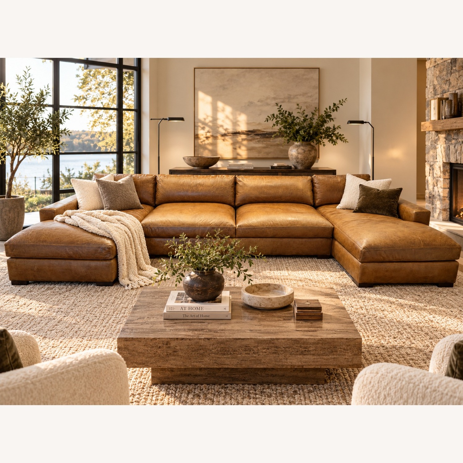 Restoration Hardware Maxwell Leather U-Chaise Sectional Chestnut - image-0