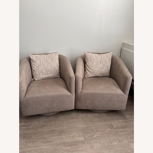 Used Living Spaces Pair of Taupe Velvet Swivel Accent Chairs for sale on AptDeco