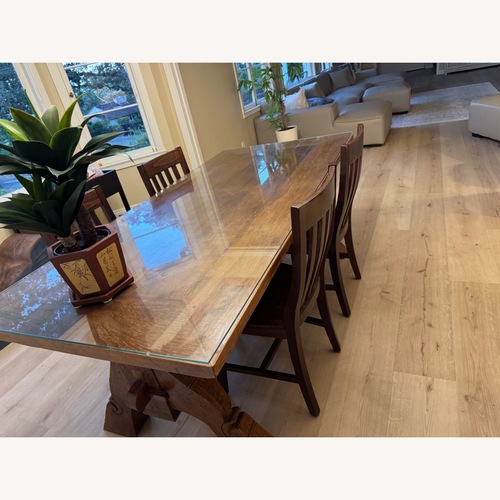 Used Solid Wood Rustic Trestle Dining Table & Chairs for sale on AptDeco