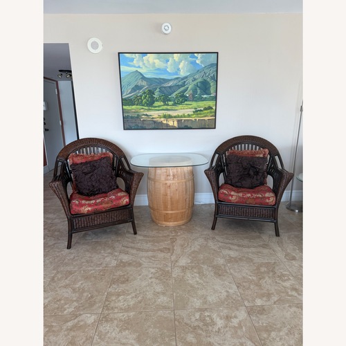 Used Wicker Armchairs and Barrel Table Set for sale on AptDeco