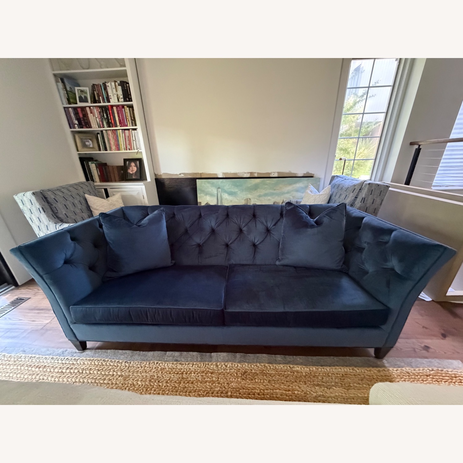 Ethan Allen Blue Velvet 3+ Seater Sofa - image-1
