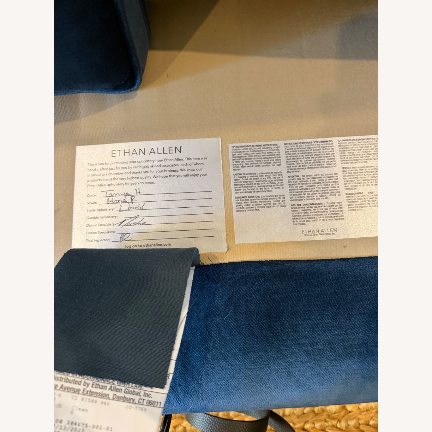 Ethan Allen Blue Velvet 3+ Seater Sofa - image-8