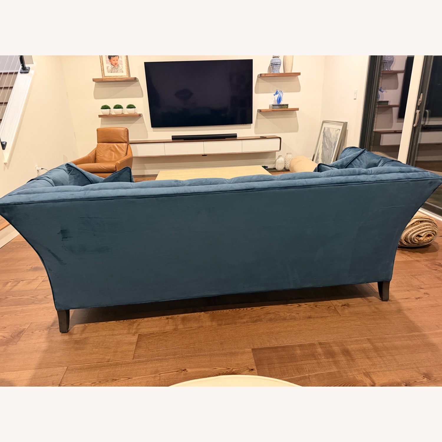 Ethan Allen Blue Velvet 3+ Seater Sofa - image-5