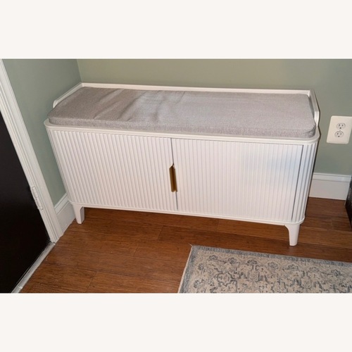 Used Modern White Shoe Storage Bench Grey Cushion for sale on AptDeco