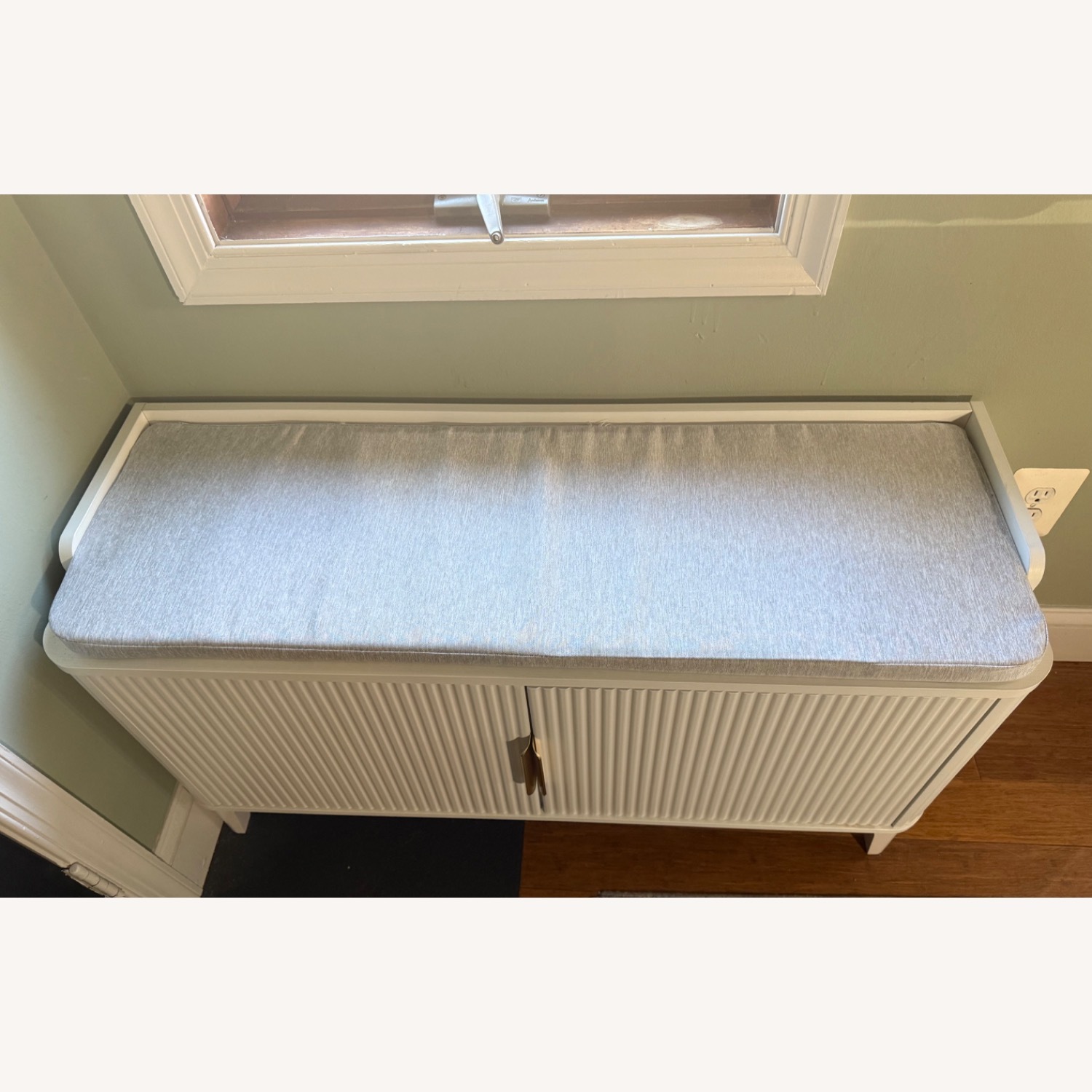 Modern White Shoe Storage Bench Grey Cushion - image-3