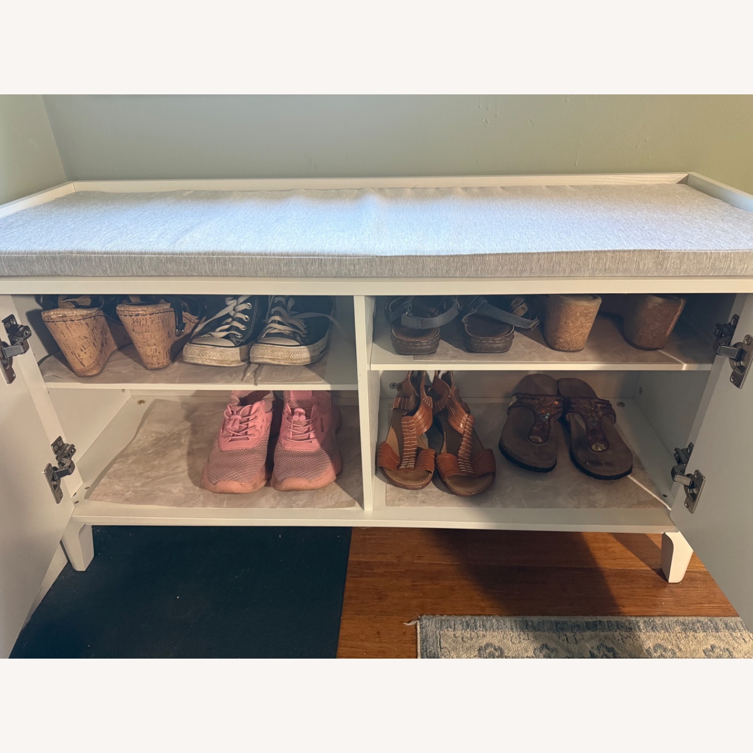 Modern White Shoe Storage Bench Grey Cushion - image-5