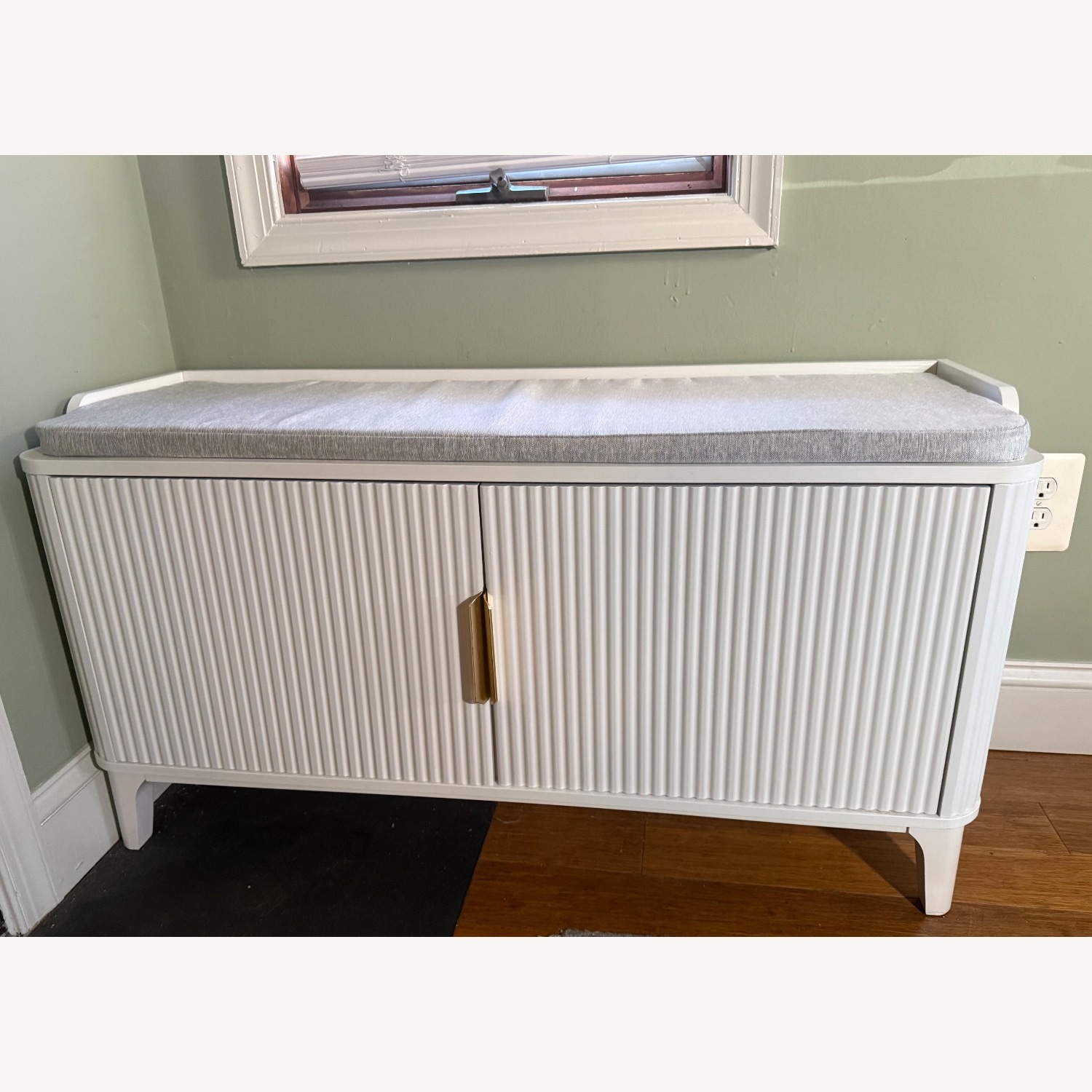 Modern White Shoe Storage Bench Grey Cushion - image-2