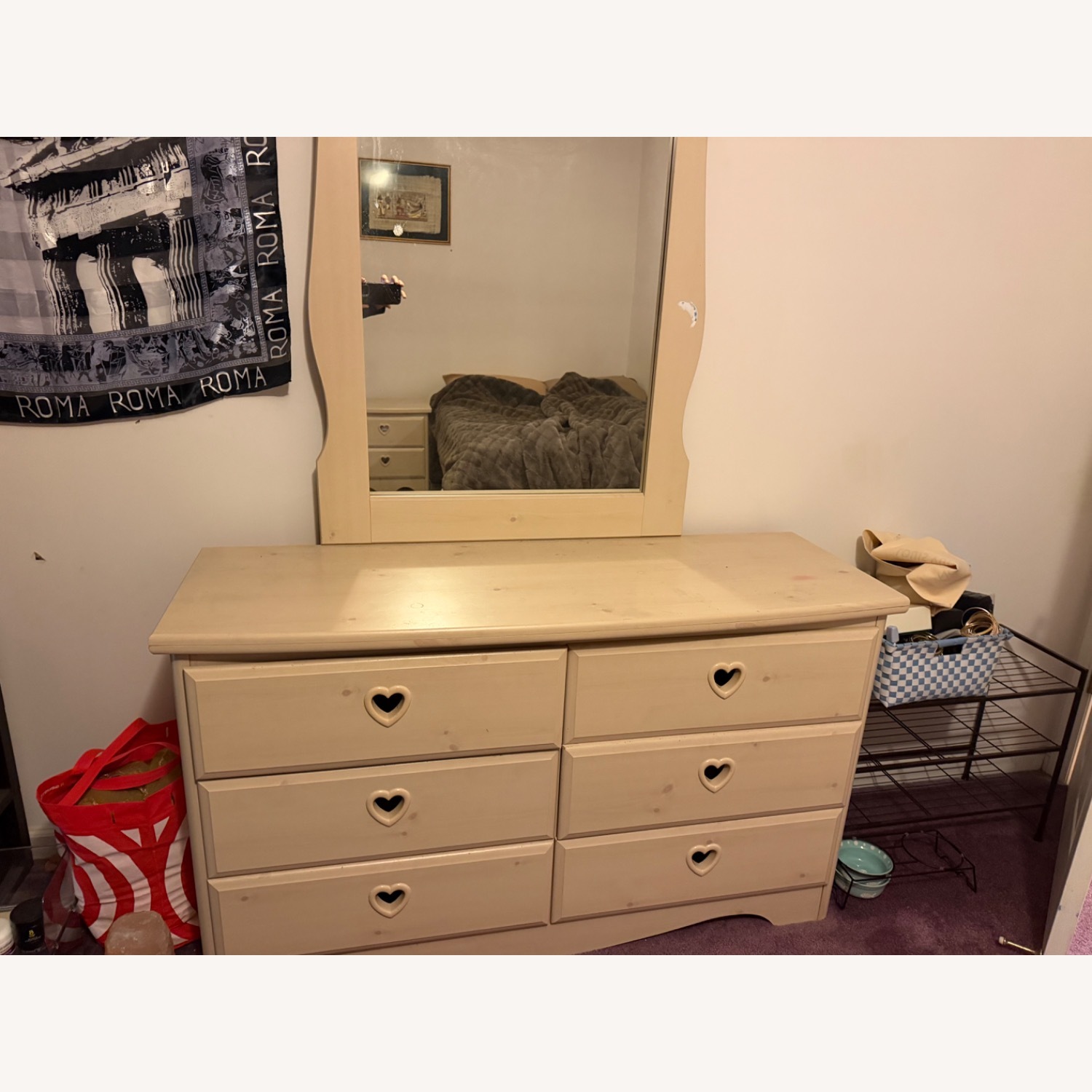 6 Drawer Girls Light Oak Mirrored Dresser - image-1