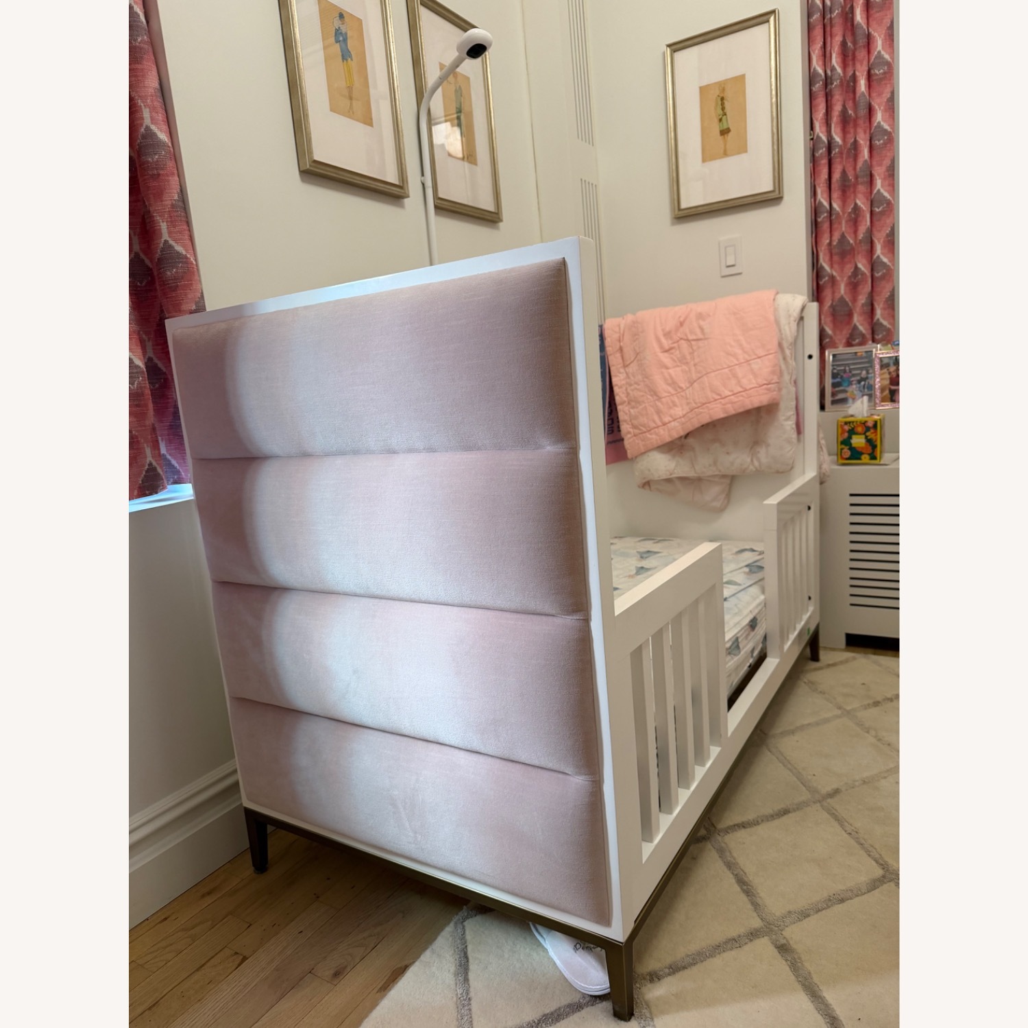Restoration Hardware Loew White Wood Crib, Pink Upholstery - image-1
