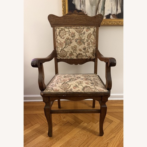 Used Oak Tapestry Armchair with Carved Crest for sale on AptDeco