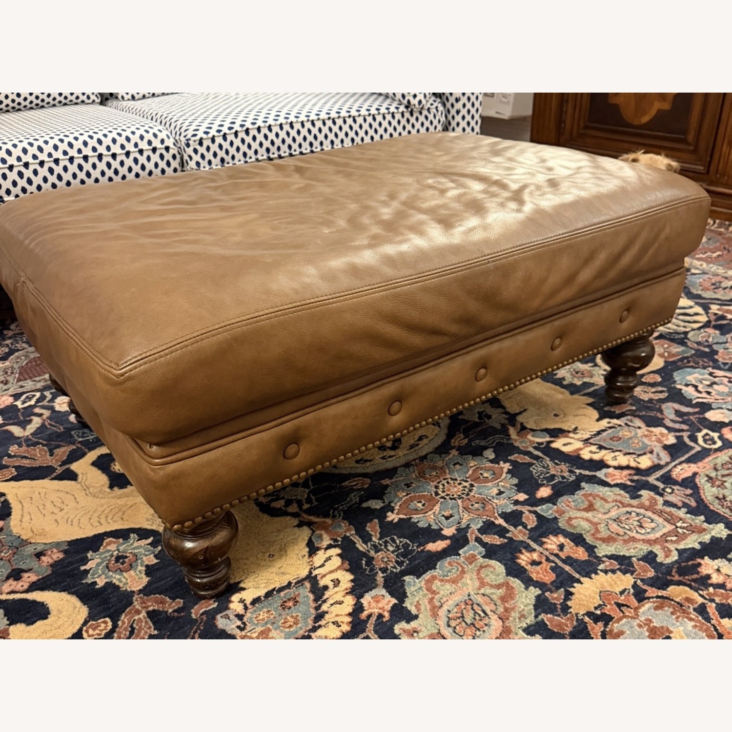 Large Leather Ottoman in Tan with Nailhead Trim - image-2