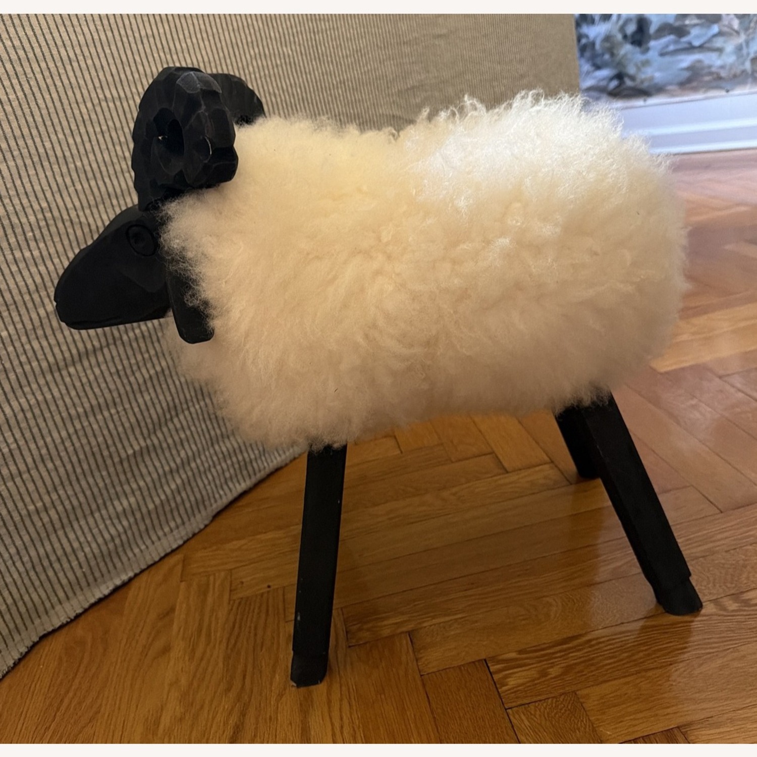 Carved Wooden Sheep Stool with a White Wool Body - image-2