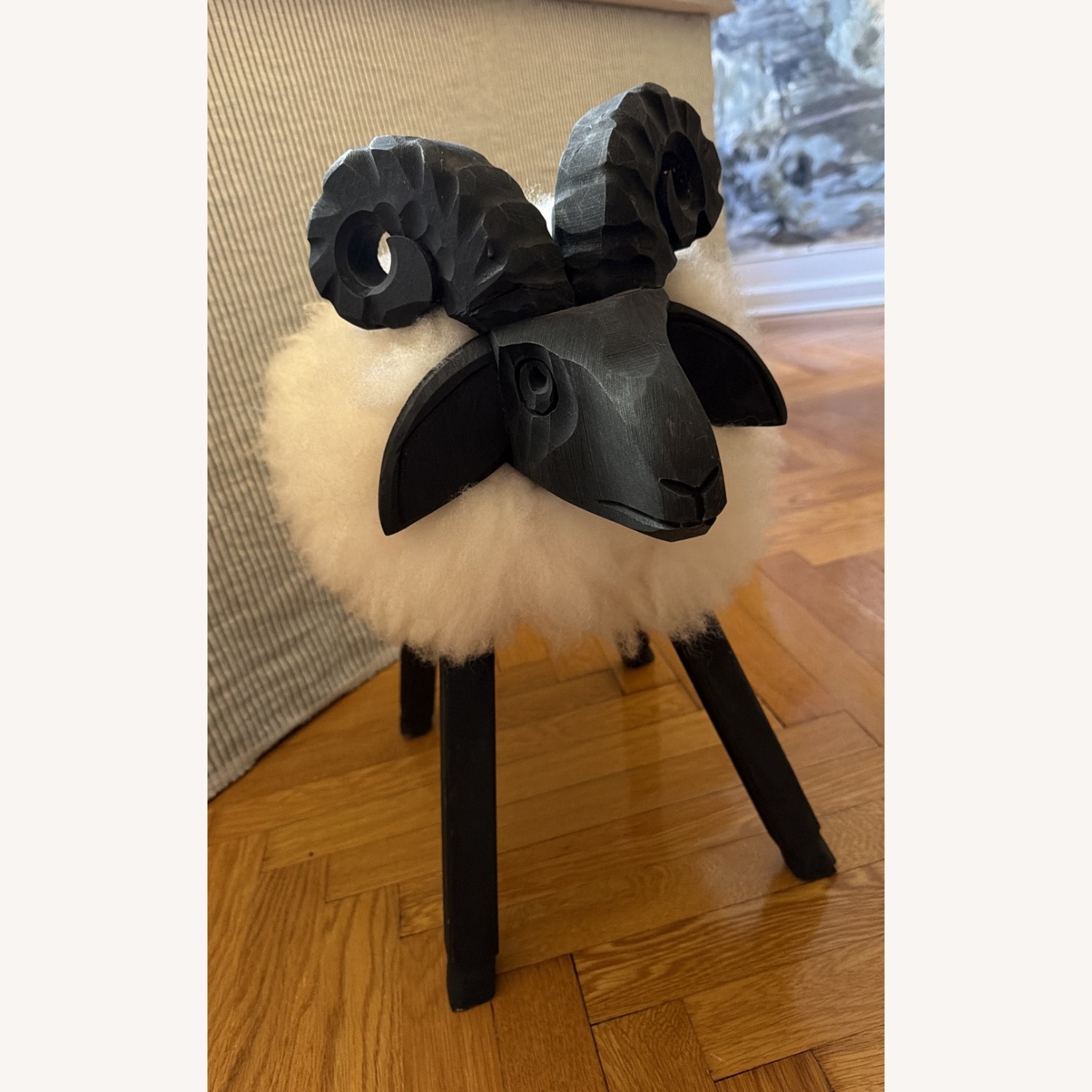 Carved Wooden Sheep Stool with a White Wool Body - image-3