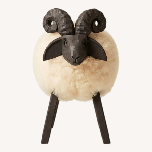 Used Carved Wooden Sheep Stool with a White Wool Body for sale on AptDeco