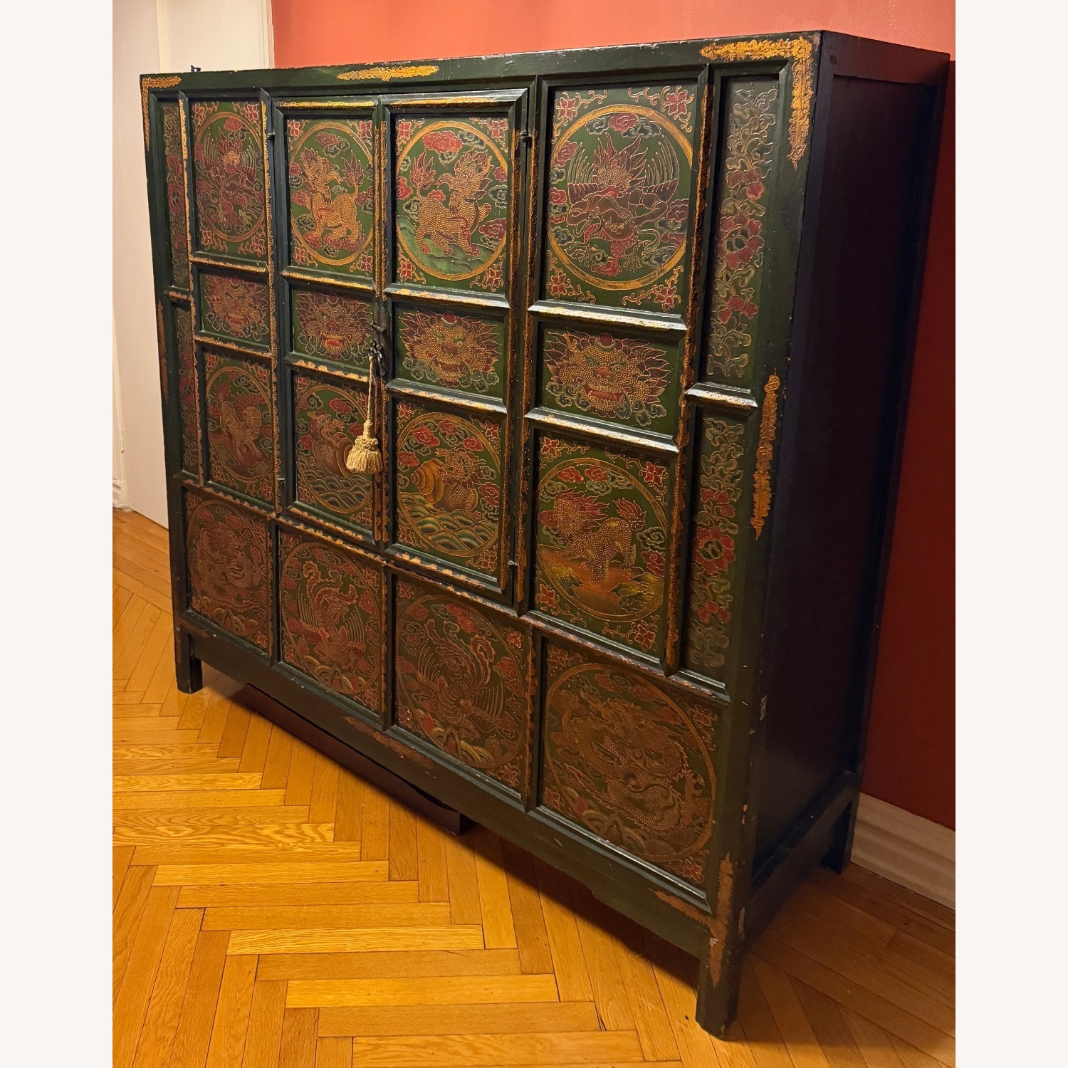 Dark Green Painted Chinese Cabinet Four Doors - image-4