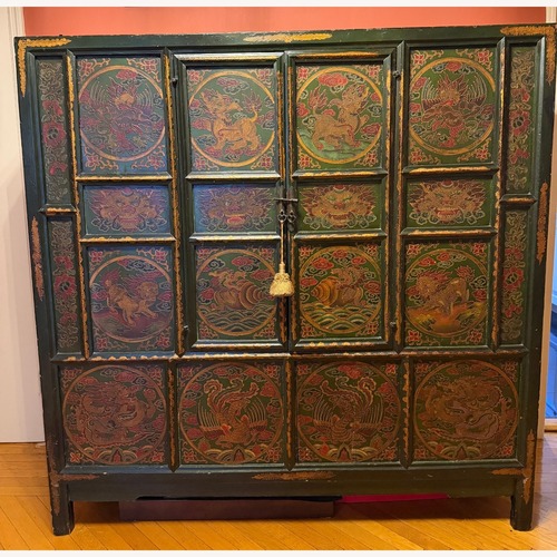 Used Dark Green Painted Chinese Cabinet Four Doors for sale on AptDeco