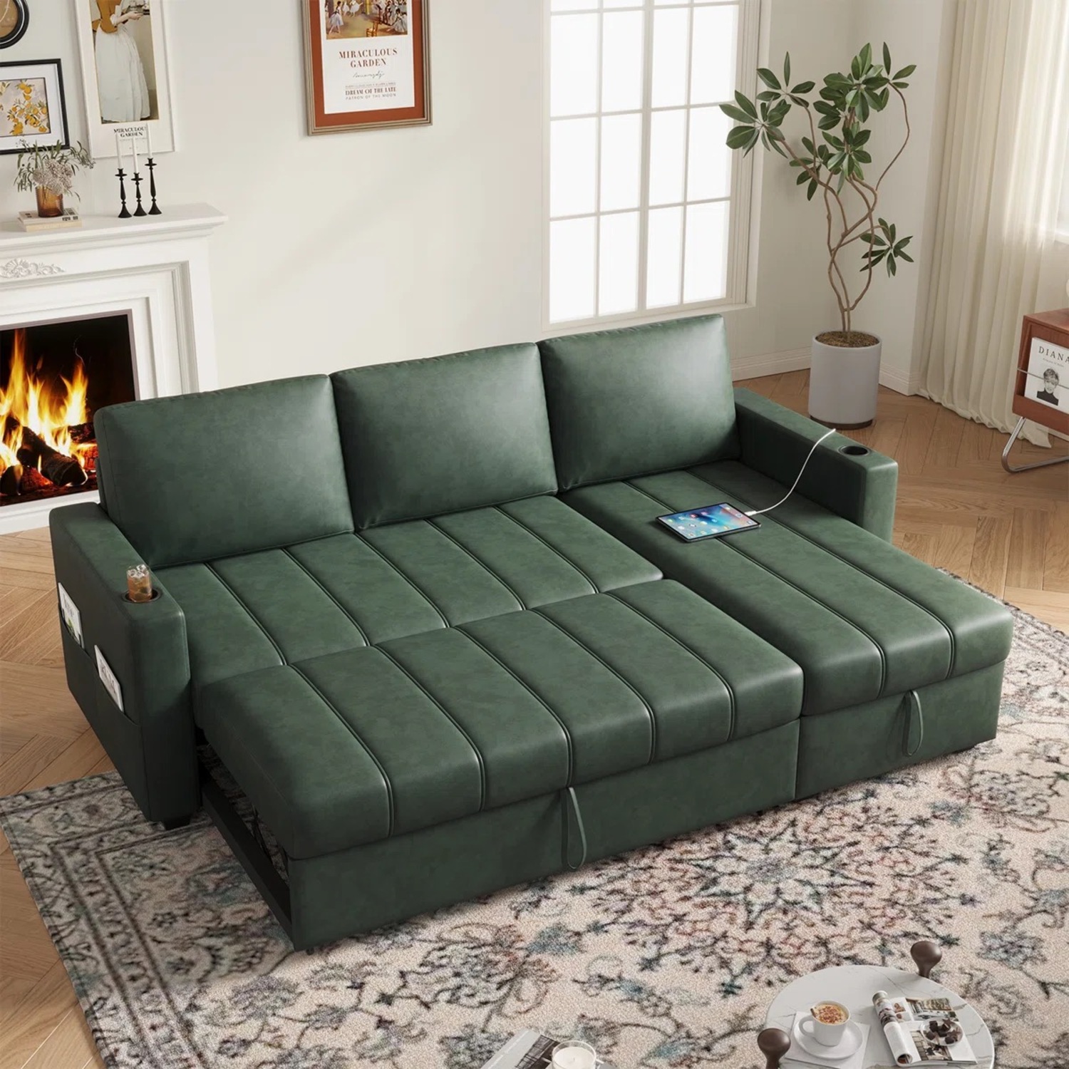 Green Faux Leather 2 Piece Sectional - image-3