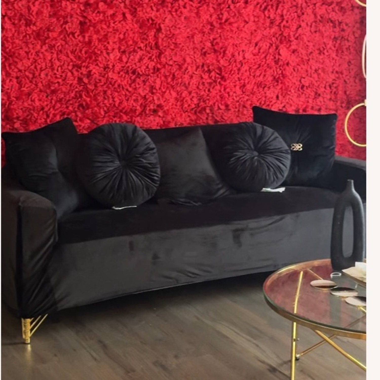 Grey Suede Sofa with Black Cover and Pillows  - image-1