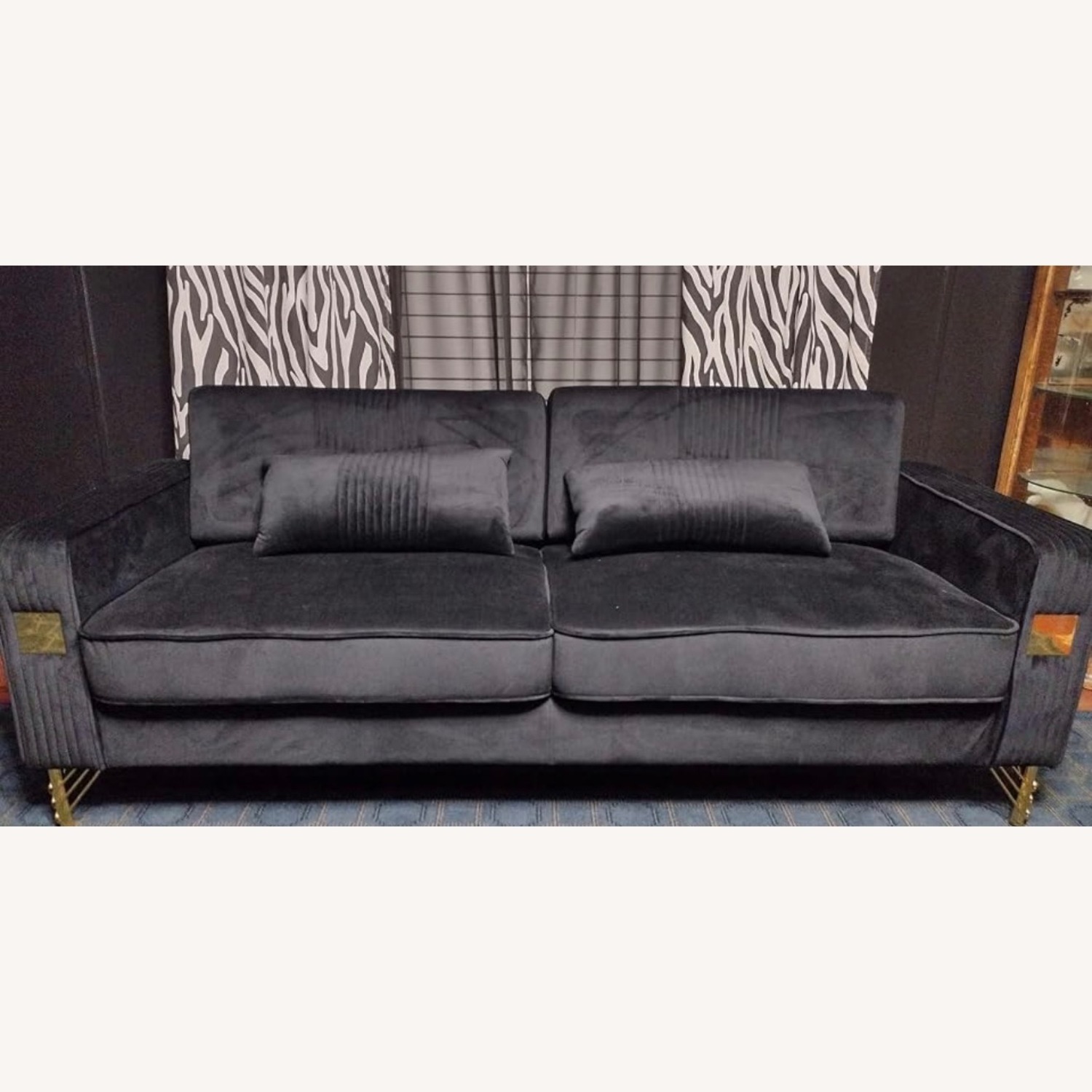 Grey Suede Sofa with Black Cover and Pillows  - image-3