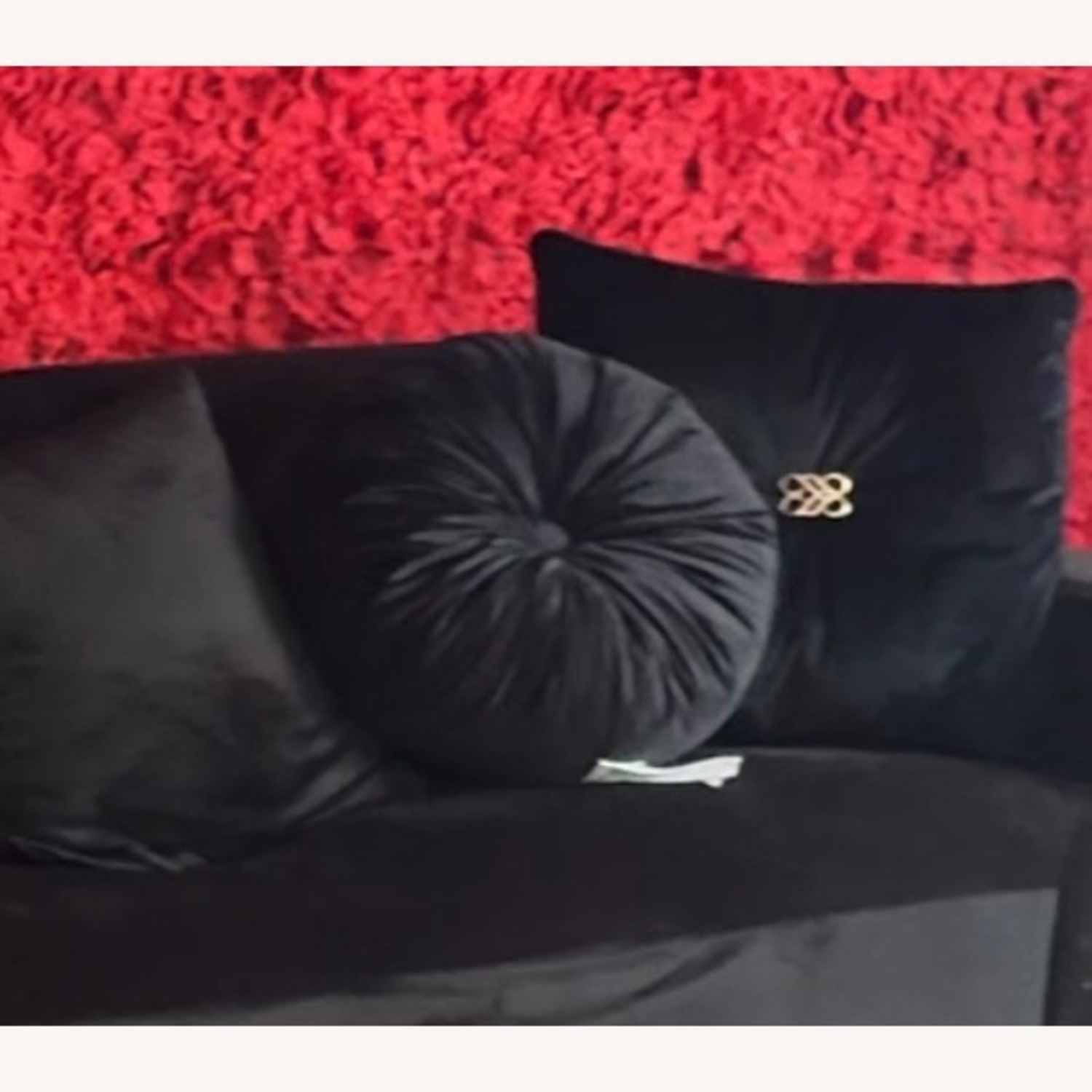 Grey Suede Sofa with Black Cover and Pillows  - image-2