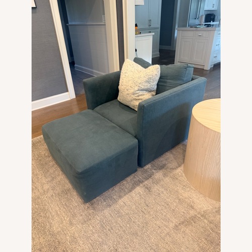 Used Blue Linen Chairs + Ottomans for sale on AptDeco