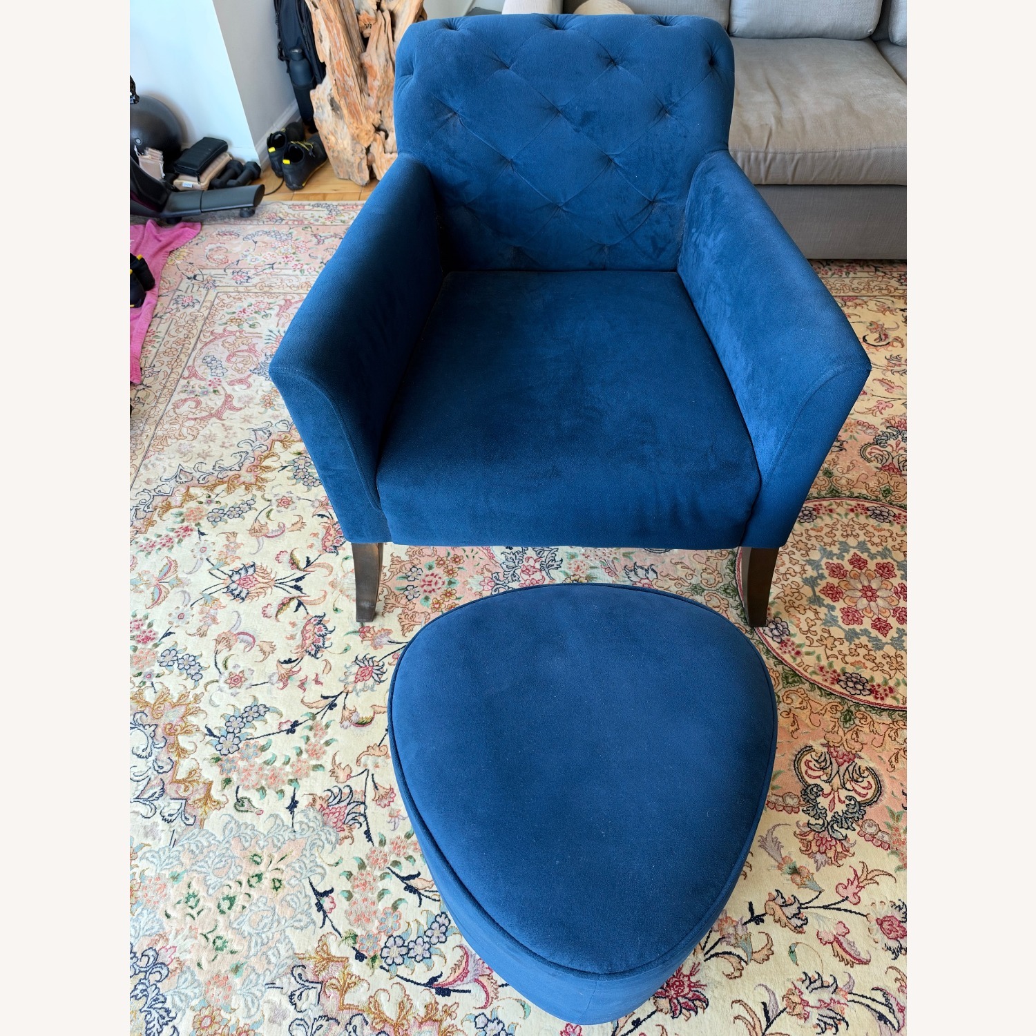 West Elm Elton Blue Velvet Armchair and matching Ottoman - image-1
