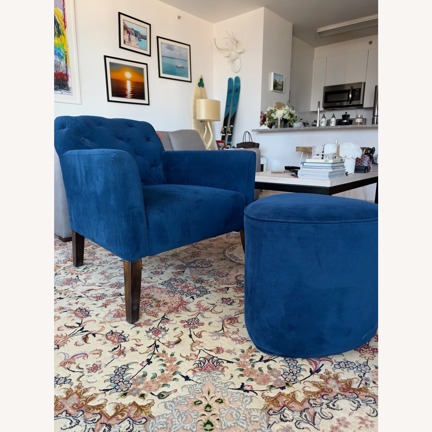 West Elm Elton Blue Velvet Armchair and matching Ottoman - image-2