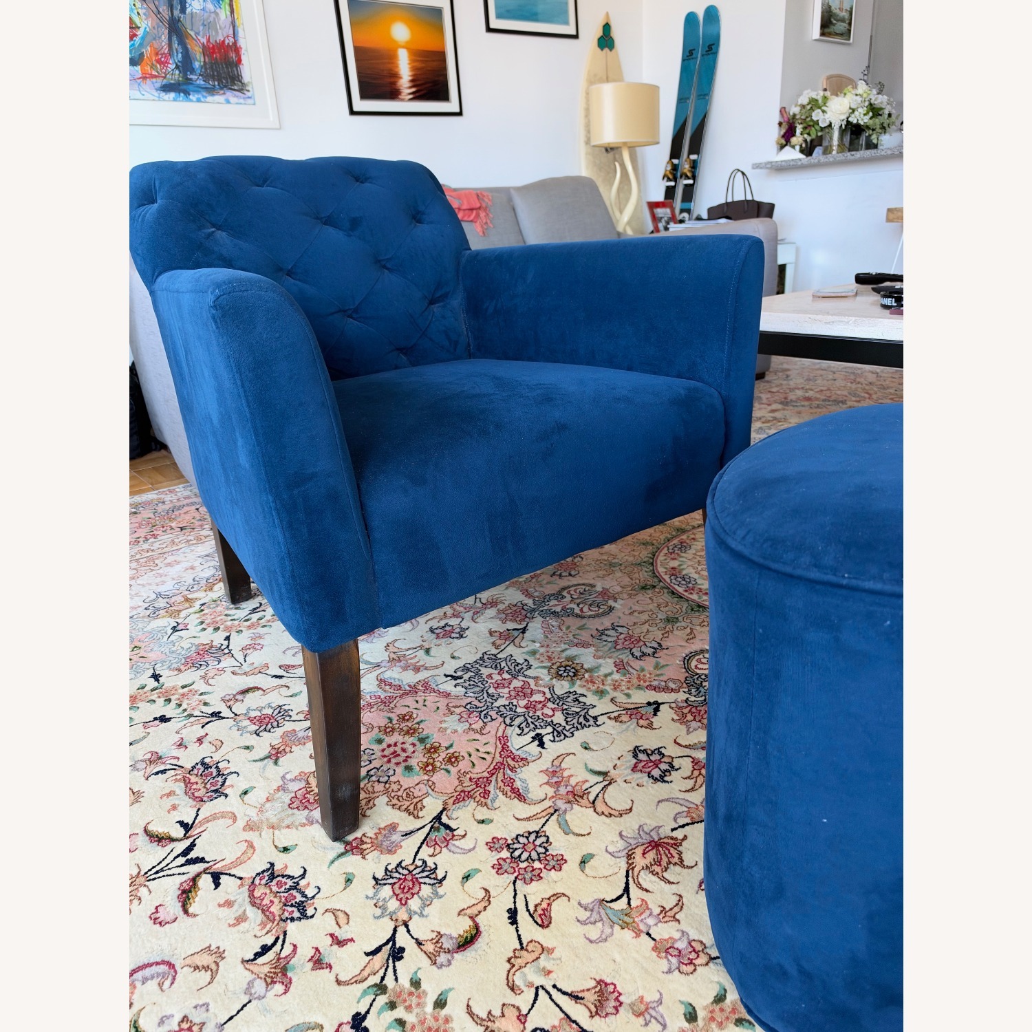 West Elm Elton Blue Velvet Armchair and matching Ottoman - image-3
