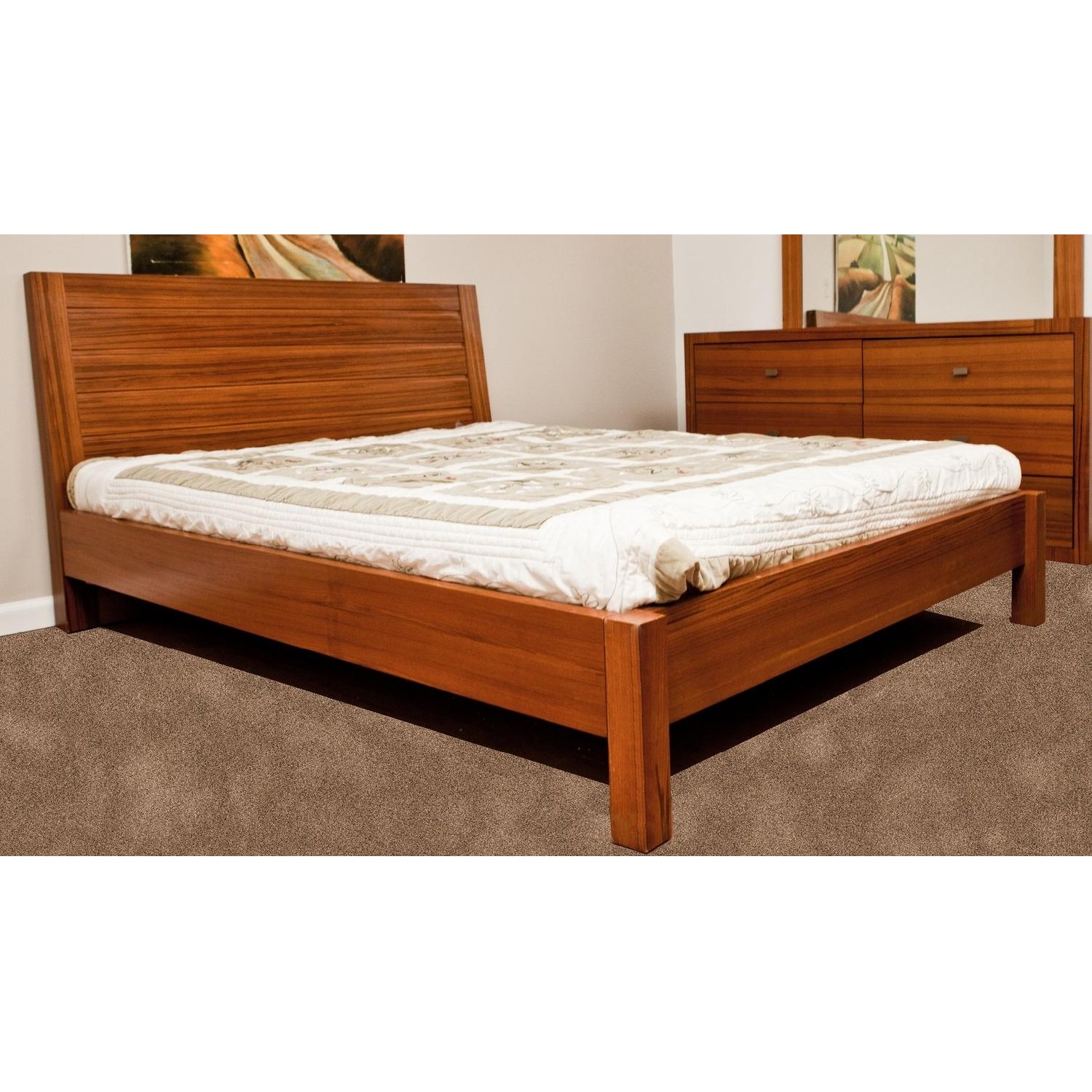 Modern Queen Size Platform Bed in Teak Finish w/ Slanted Headboard