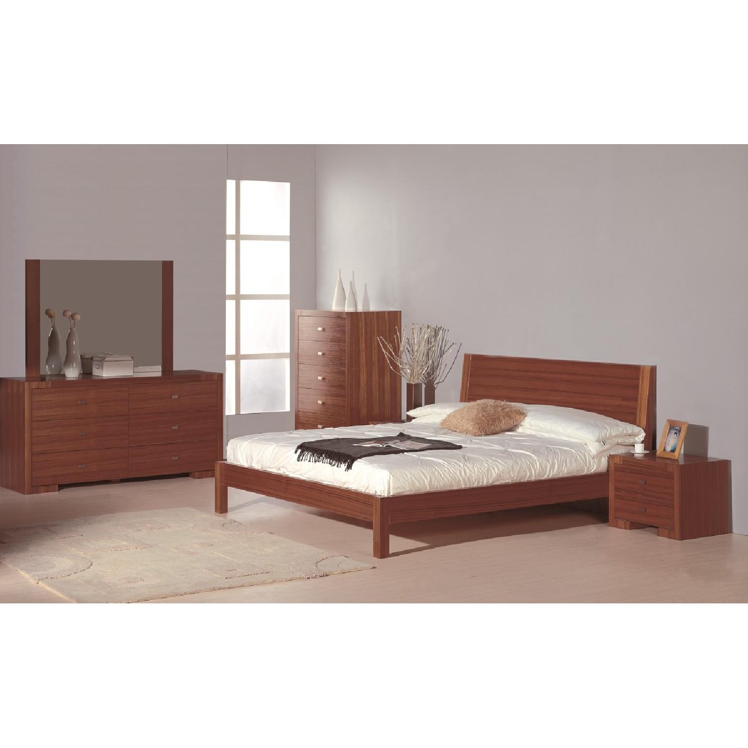 Modern Queen Size Platform Bed in Teak Finish w/ Slanted Headboard